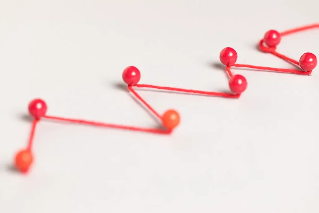 Representação gráfica com alfinetes vermelhos conectados por fios, formando um padrão de crescimento ou trajetória.