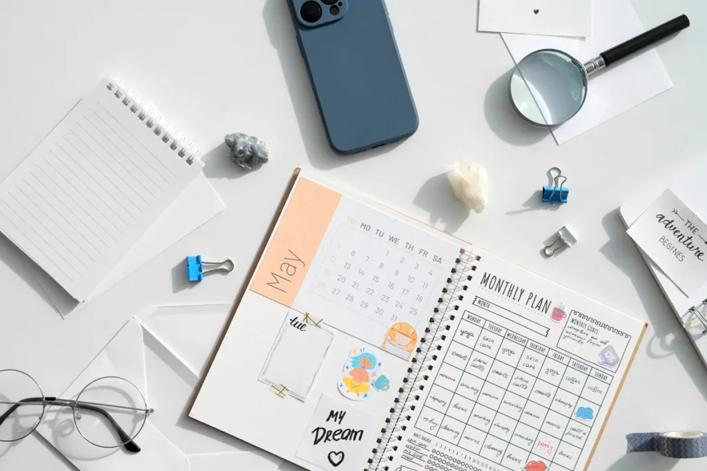 Imagem de um calendário de maio, com adesivos coloridos e planejamento mensal detalhado. Ao lado, há um caderno de anotações, óculos, uma lupa, clipes de papel e um celular, todos sobre uma superfície clara.