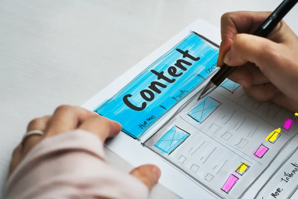 Mão desenhando um esboço de layout para marketing de conteúdo em um papel, com o título "Content" em destaque e seções de página desenhadas.
