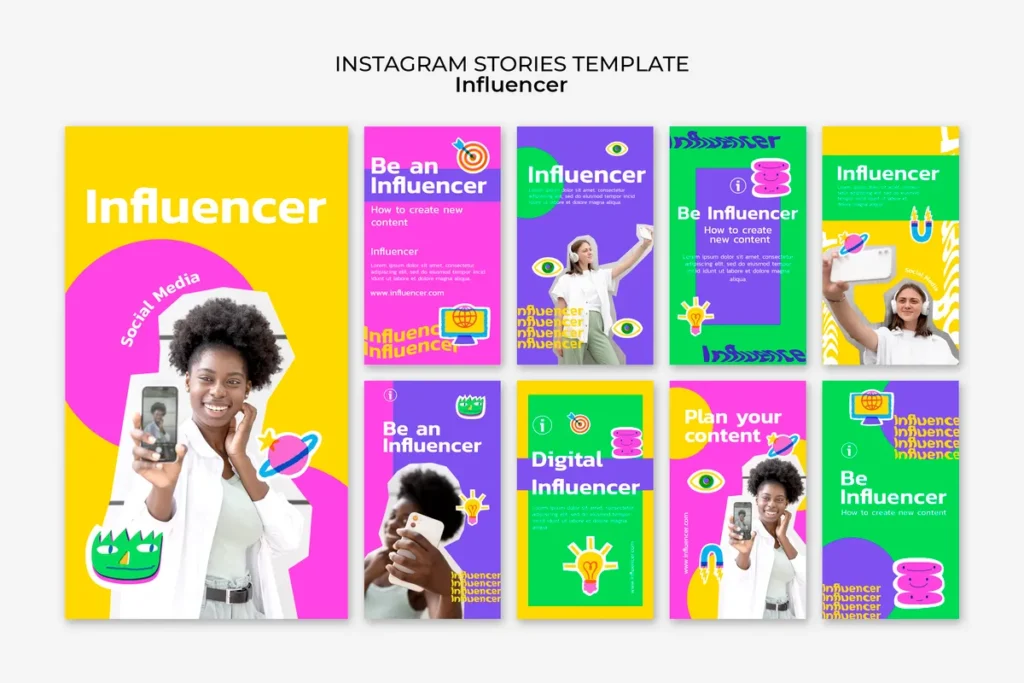Conjunto de templates coloridos para stories do Instagram com foco em influenciadores digitais