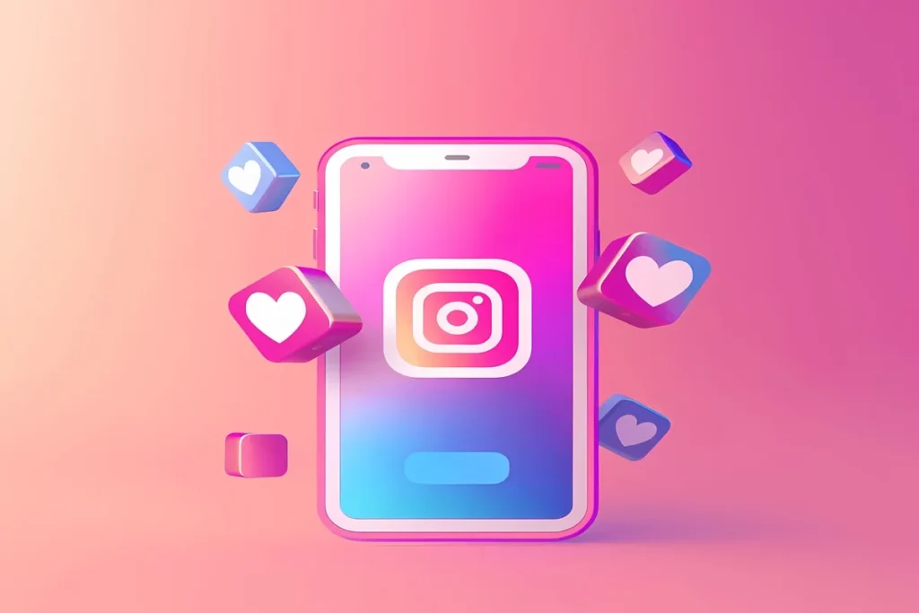 Celular com logotipo do Instagram em estilo 3D com ícones de curtida flutuando ao redor