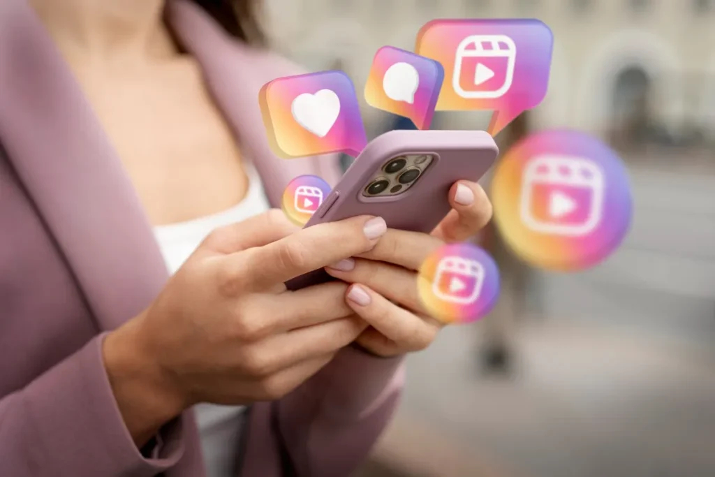 Mulher segurando smartphone com ícones flutuantes de redes sociais, representando curtidas, comentários e vídeos, simbolizando engajamento digital.