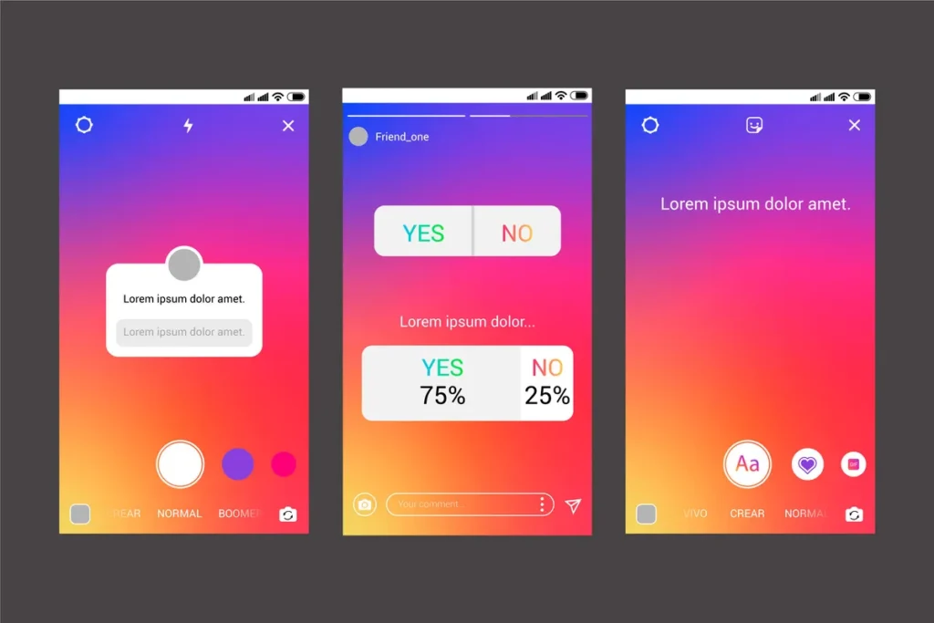 Interface de criação de Stories do Instagram com opções de enquete e texto