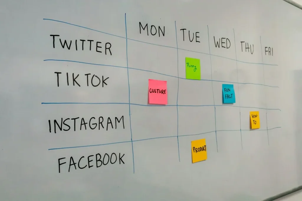 Quadro branco com calendário semanal de postagens para redes sociais como Twitter, TikTok, Instagram e Facebook
