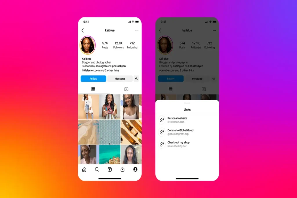 Imagem mostra perfil do Instagram com novo recurso de múltiplos links na bio, incluindo site pessoal, doações e loja