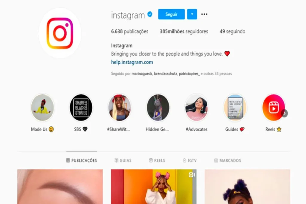 Captura de tela do perfil oficial do Instagram com destaque para o número de seguidores, destaques de stories e publicações recentes