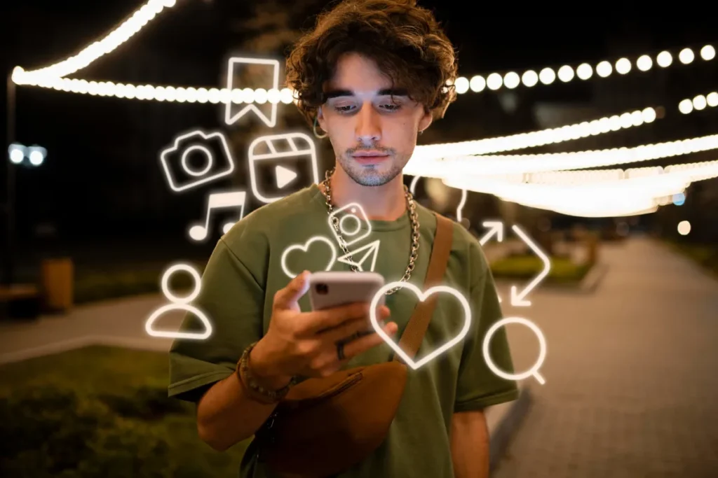 Jovem em ambiente noturno olhando para o celular, com ícones de redes sociais e multimídia flutuando, representando a conectividade dos criadores de conteúdo digital.