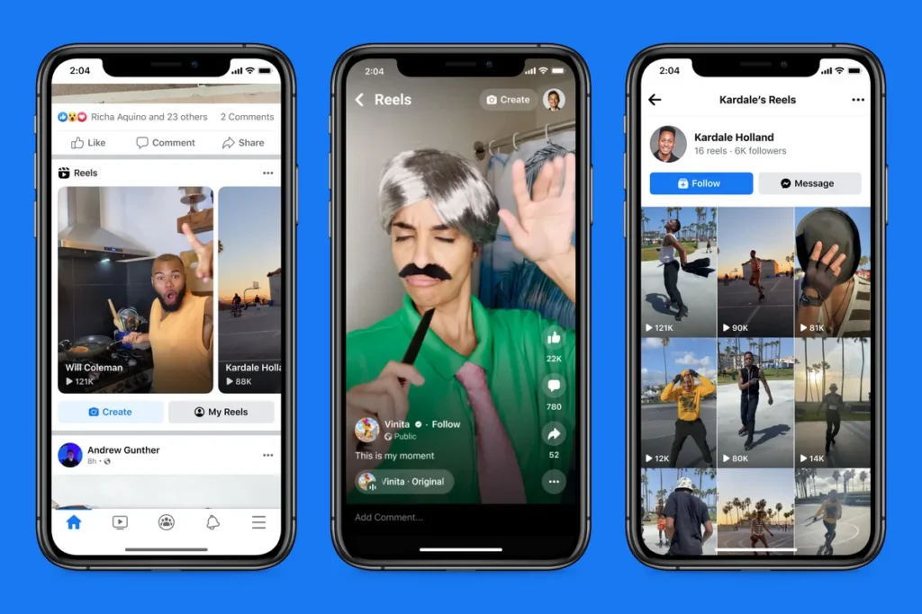 Três telas de smartphone mostrando diferentes interfaces do Facebook e Instagram, com foco em vídeos do Reels. A tela da esquerda exibe o feed com um Reels e opções de comentário, a do meio mostra um Reels em tela cheia com curtidas e comentários, e a da direita exibe o perfil de um usuário com seus Reels publicados.
