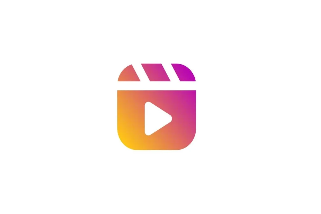 O logotipo do Instagram Reels em gradiente de laranja a roxo, com o ícone de um rolo de filme e um símbolo de "play" central, sobre um fundo branco liso.