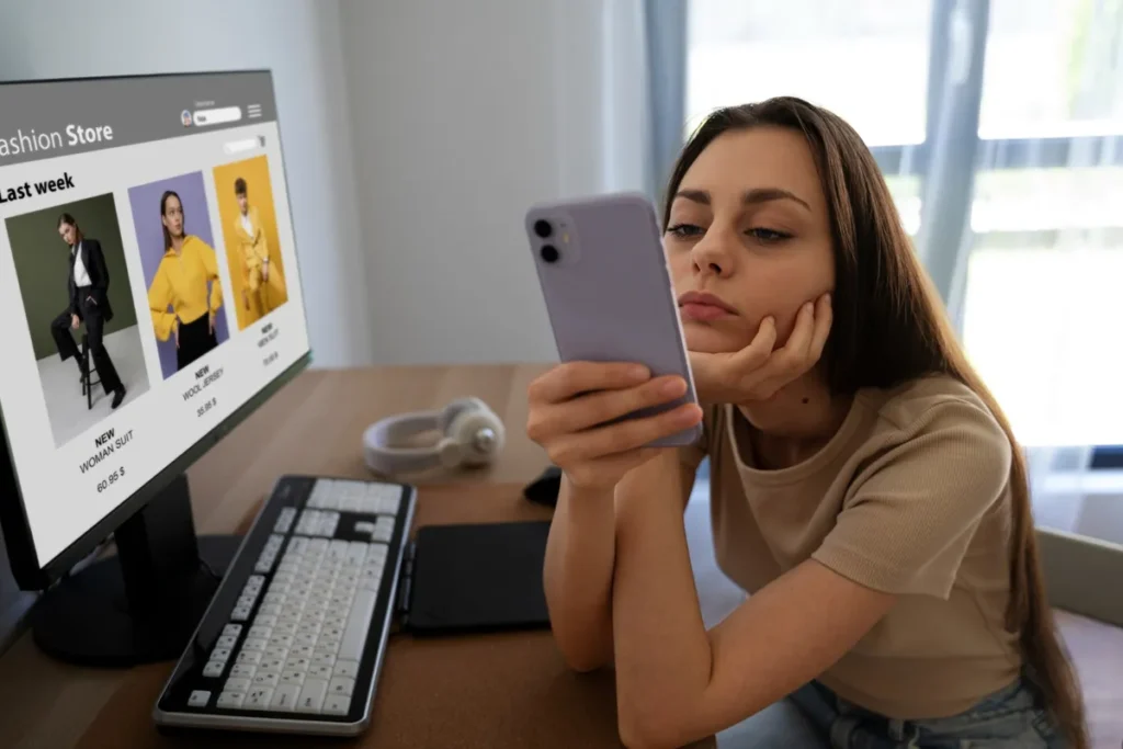 Mulher com expressão de tédio ou desinteresse olhando para o celular, enquanto um monitor mostra um site de e-commerce, ilustrando a importância de usar palavras-chave atrativas para o engajamento do cliente.
