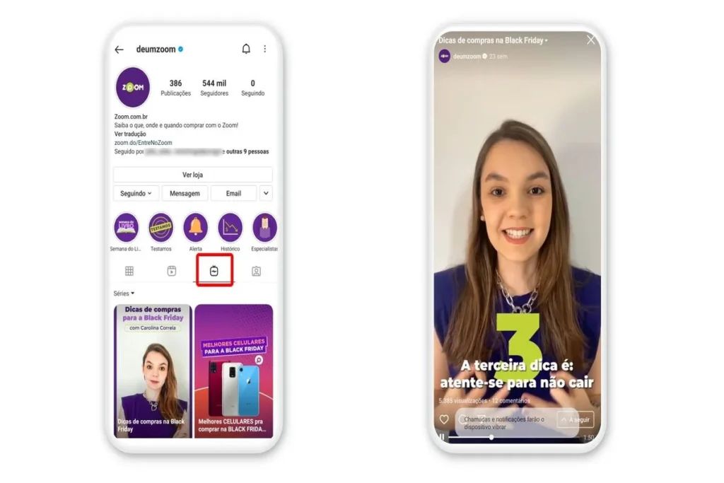 Captura de tela de um smartphone mostrando o tutorial de como encontrar vídeos IGTV no Instagram. O lado esquerdo mostra o perfil de uma conta com o ícone do IGTV circulado. O lado direito mostra um vídeo do IGTV sendo reproduzido na vertical com dicas de compras.