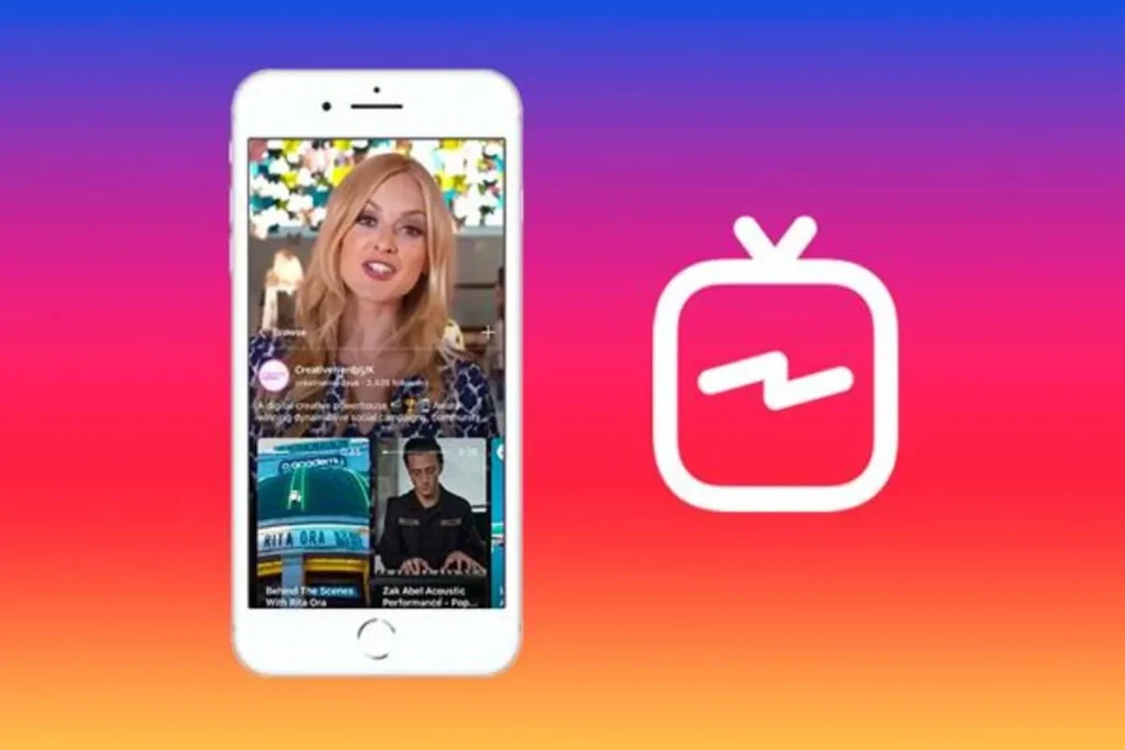 Logotipo do IGTV, o serviço de vídeos longos do Instagram, com o ícone de uma TV vermelha com um raio branco no centro. Ao lado, um smartphone mostra a interface do aplicativo com um vídeo sendo reproduzido.