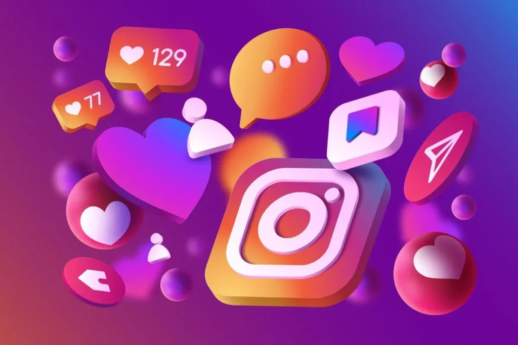 Uma ilustração 3D dos ícones de interação do Instagram, como curtidas, comentários e salvos, flutuando ao redor do logo do aplicativo. A imagem representa o tipo de dados que podem ser analisados com um heatmap para entender o comportamento do usuário.