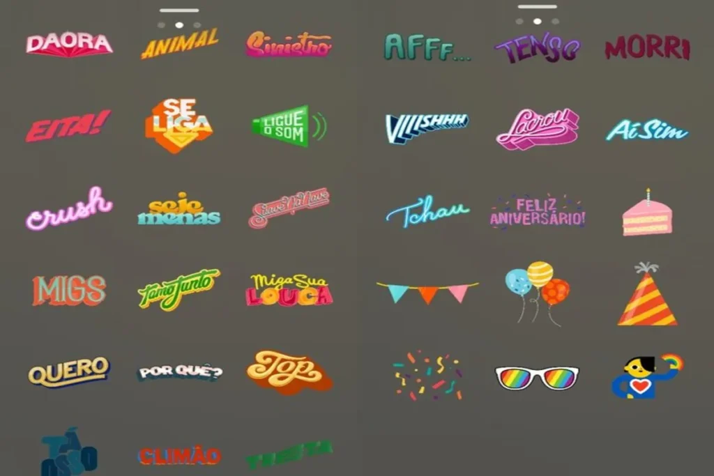 Coleção de stickers digitais com gírias em português como "daora", "sinistro" e "crush", além de adesivos de festa e celebração para stories.