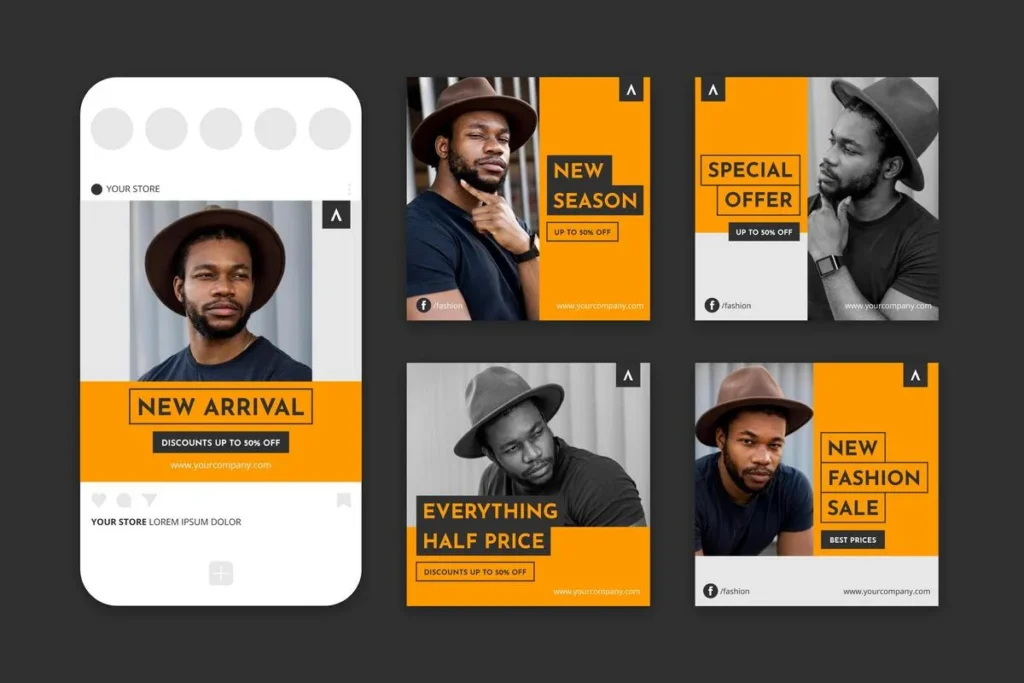 Modelos de posts para redes sociais com design em preto, branco e laranja, destacando promoções de moda masculina como novas coleções, descontos de até 50% e liquidações de temporada.