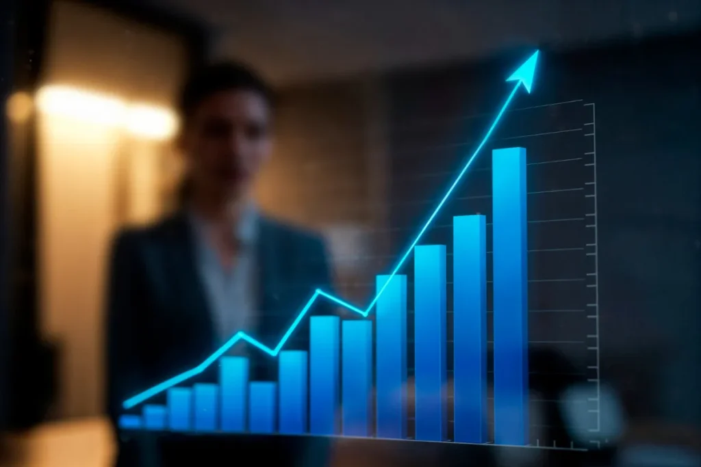 Gráfico de barras digitais 3D azul e luminosas em forte ascendência, com uma linha de tendência subindo e uma seta apontando para cima, simbolizando o crescimento, o sucesso e as métricas do Growth Marketing, com uma figura de empresária desfocada ao fundo.