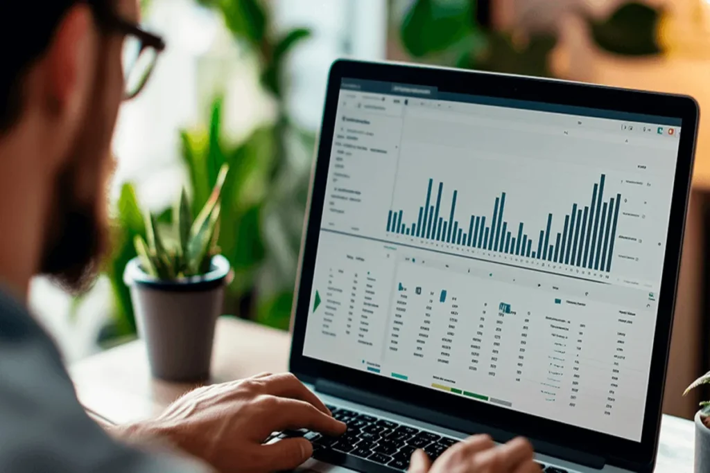 Homem com óculos em escritório, digitando em notebook com a tela cheia de gráficos e dados. Análise de métricas de tráfego pago e marketing digital.
