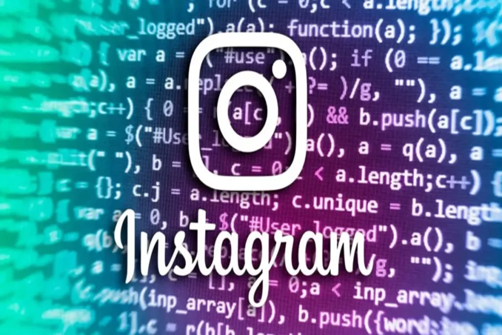 Logotipo e nome "Instagram" em branco sobrepostos a uma tela de código de programação em tons de azul e verde, simbolizando a tecnologia e o funcionamento do algoritmo.