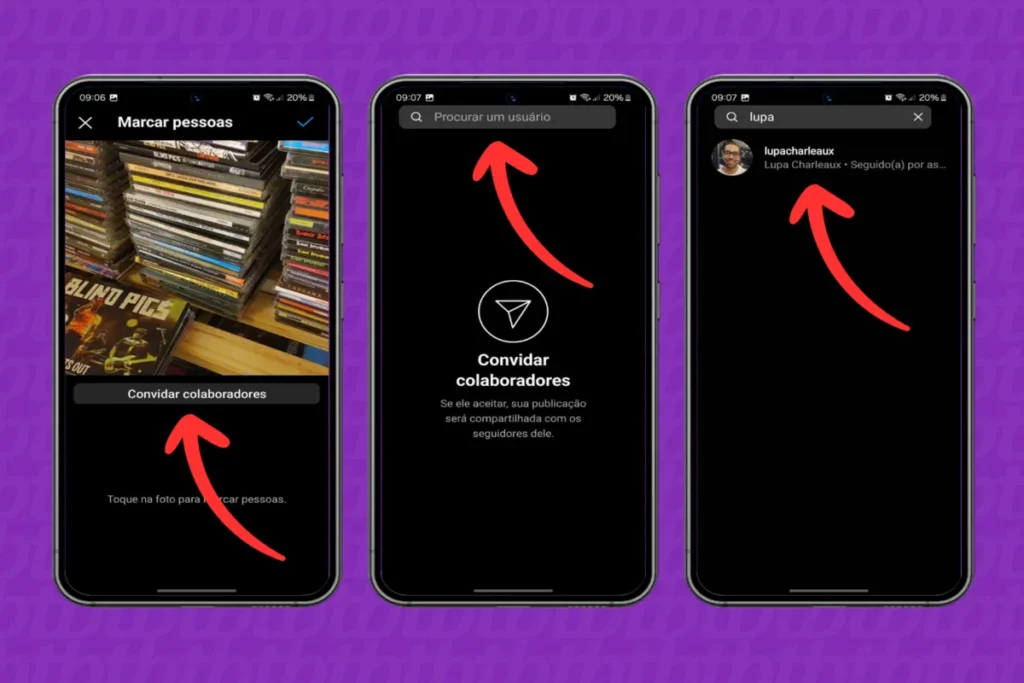 Três telas de celular mostrando o passo a passo para convidar um collab no Instagram, com setas vermelhas apontando para a opção "Convidar colaboradores" e a tela de busca de usuários.