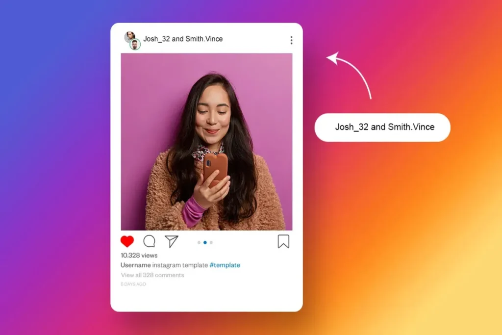 Post no feed do Instagram de uma mulher usando celular, com balão apontando para a marcação de dois colaboradores no cabeçalho do post (Collab Instagram).