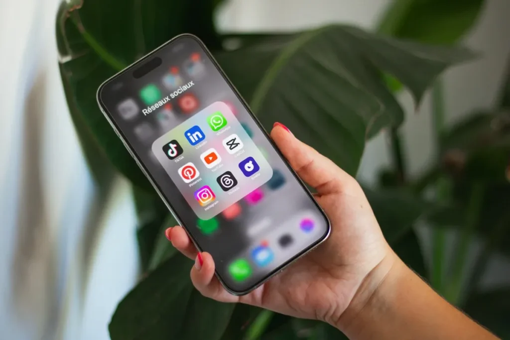 Close-up de uma mão segurando um smartphone que exibe na tela o ícone de uma pasta de aplicativos chamada "Réseaux sociaux" (Redes sociais em francês), contendo ícones de aplicativos populares como TikTok, LinkedIn, Instagram, YouTube, CapCut e WhatsApp.